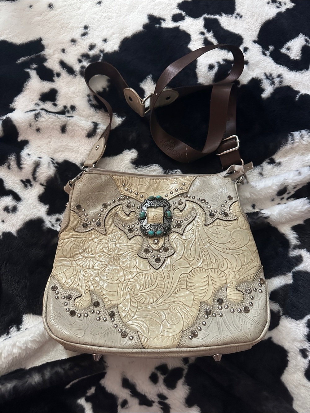 Montana West Embossed Floral Crossbody Bag with Turquoise Accent - Beige